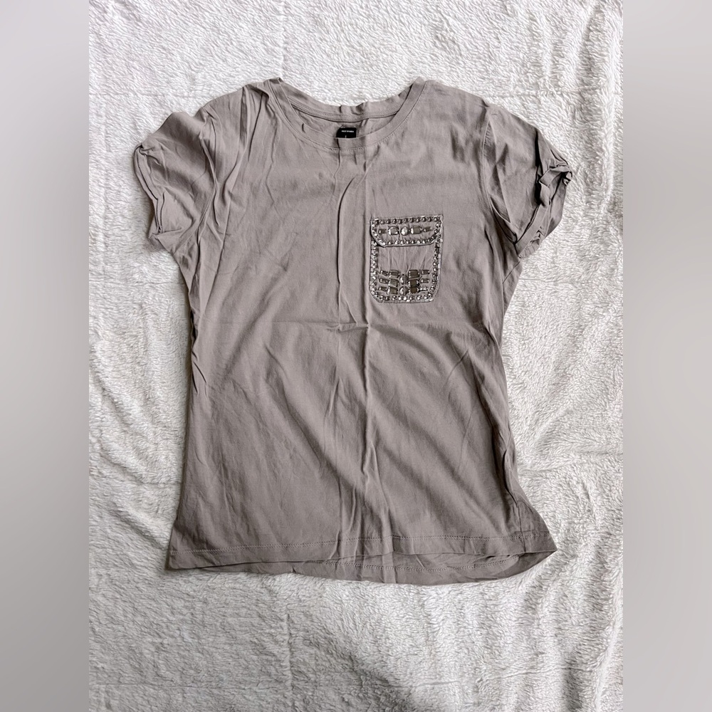 Zara Evening Collection Gray T-Shirt with Embellished Pocket